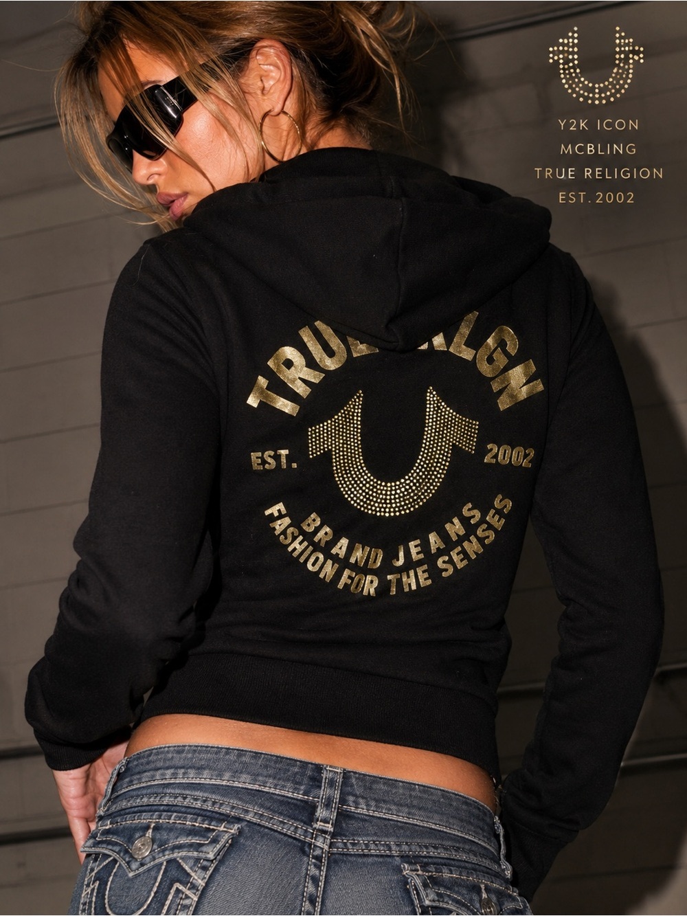 True Religion Black Gold Rhinestone Zip Hoodie Size XL Y2K